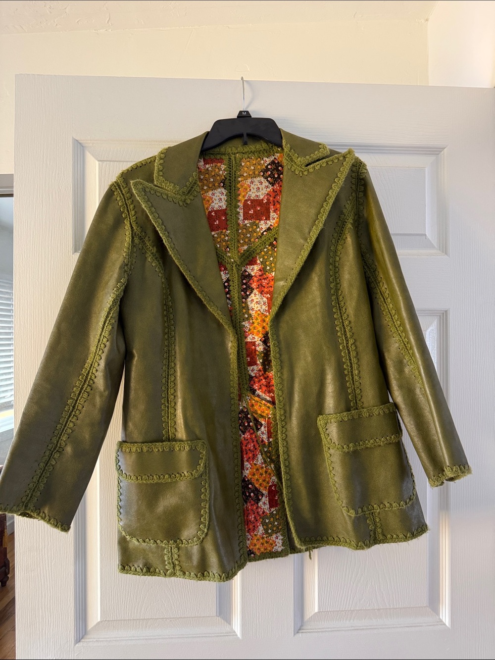 Vintage Olive Green Leather blazer Jacket with Decorative whipstitch Trim